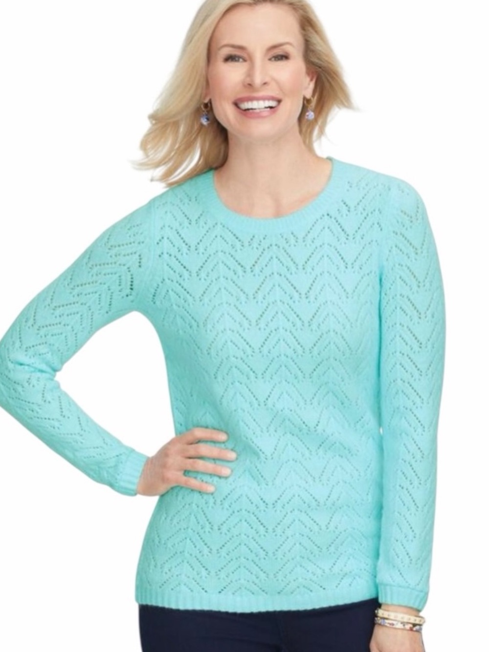 Talbots Light Aqua Blue Crewneck Long Sleeve Pointelle Knit Sweater Size Small